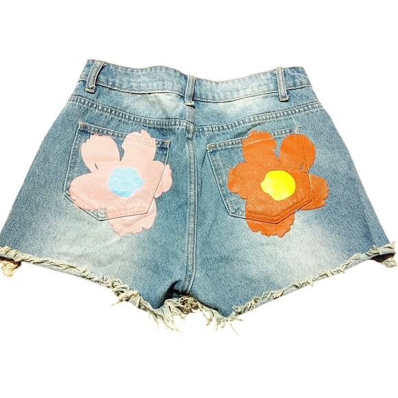 Shein Mod Size 29 Distressed Jean Shorts Painted Floral Flower Cotton Zipper - Picture 1 of 9